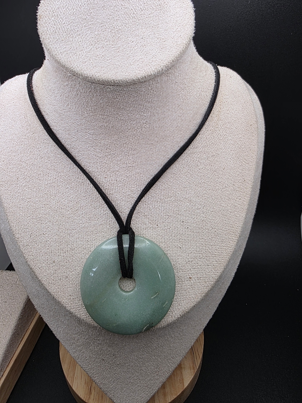 Green Jade Donut Pendant Necklace with Black Cord (2450)